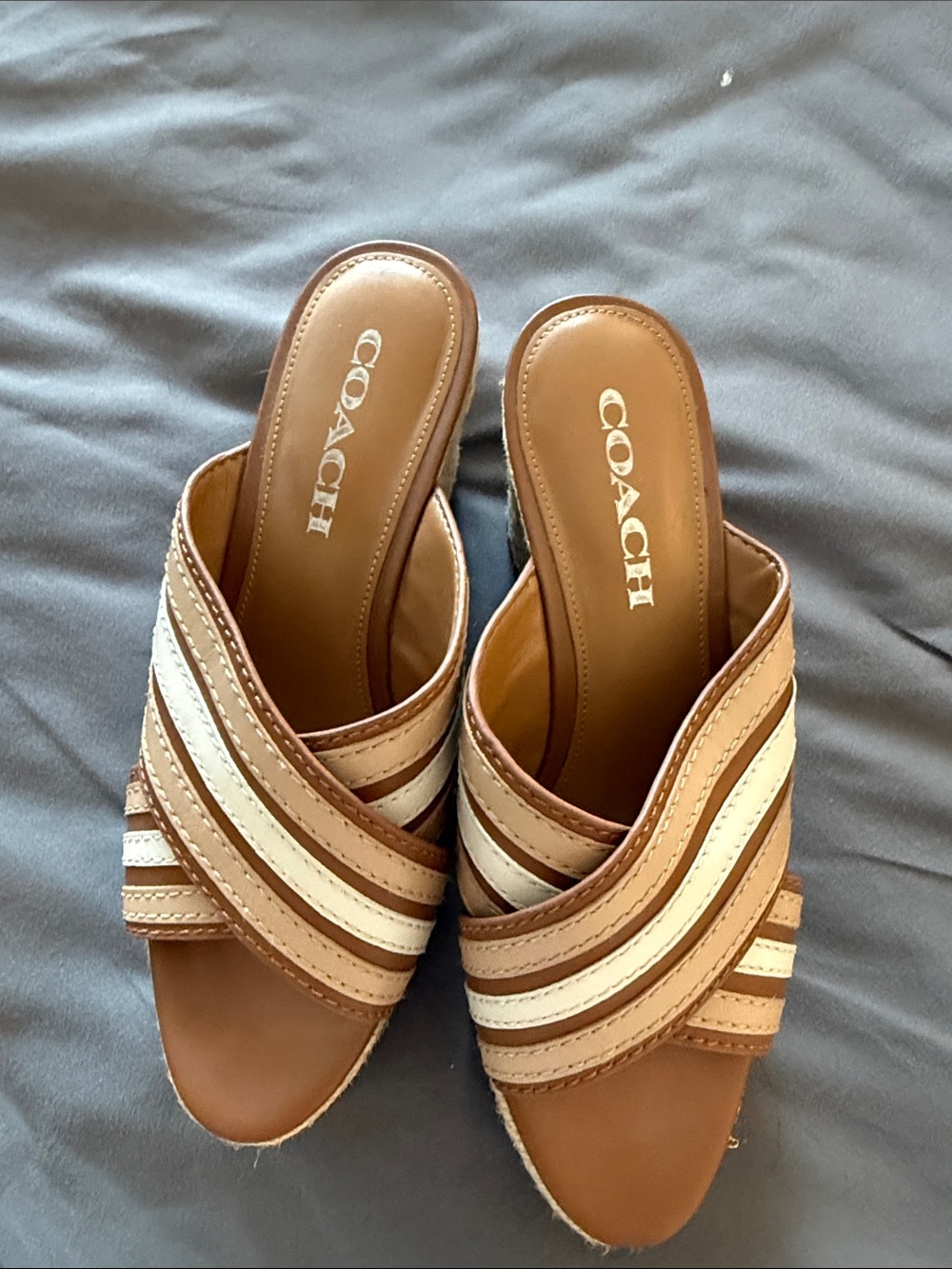 Coach Tan and Cream Striped Leather Slide Mules